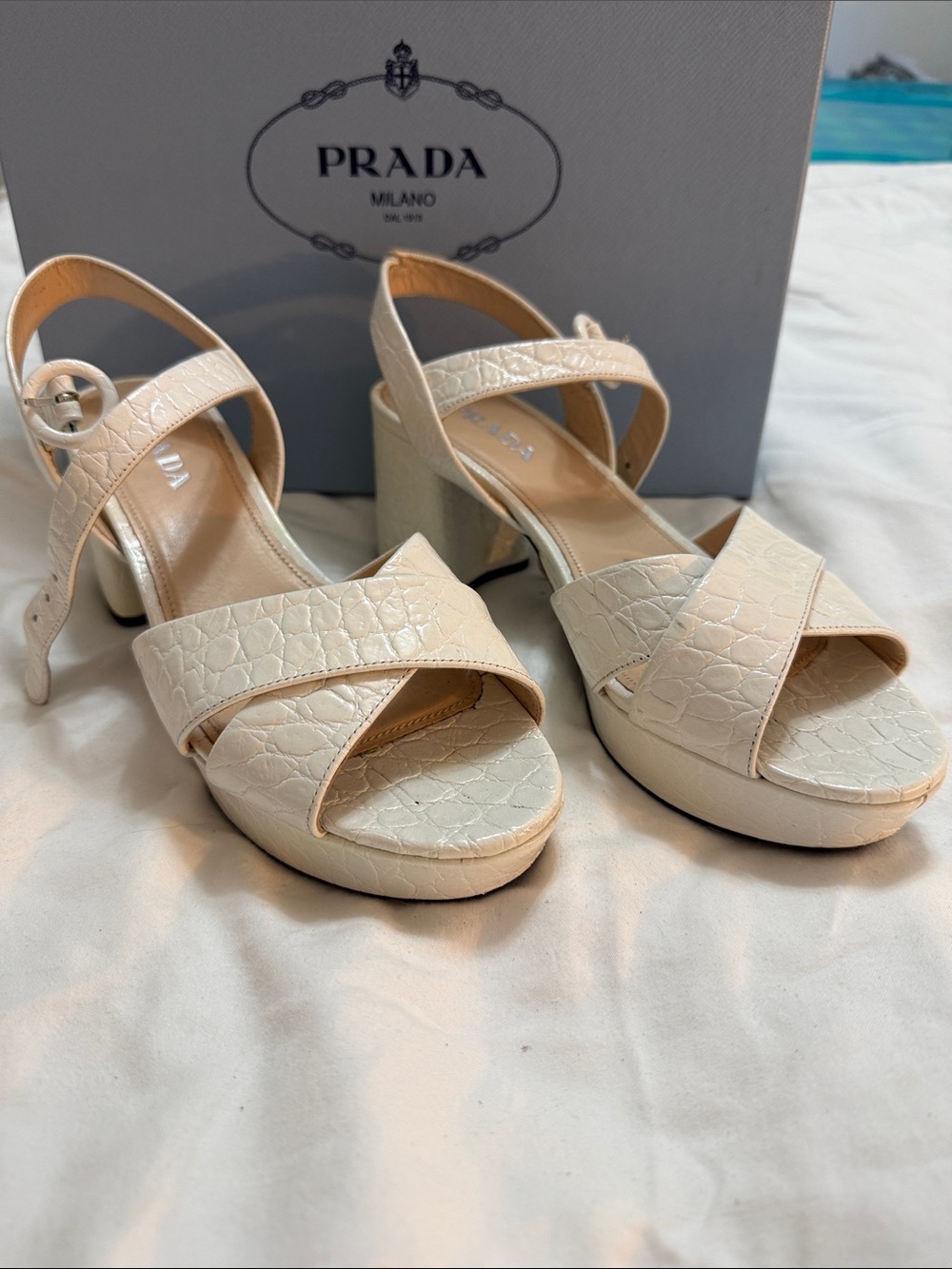 Prada - Cream Croc-Embossed Platform Sandals with Ankle Strap
